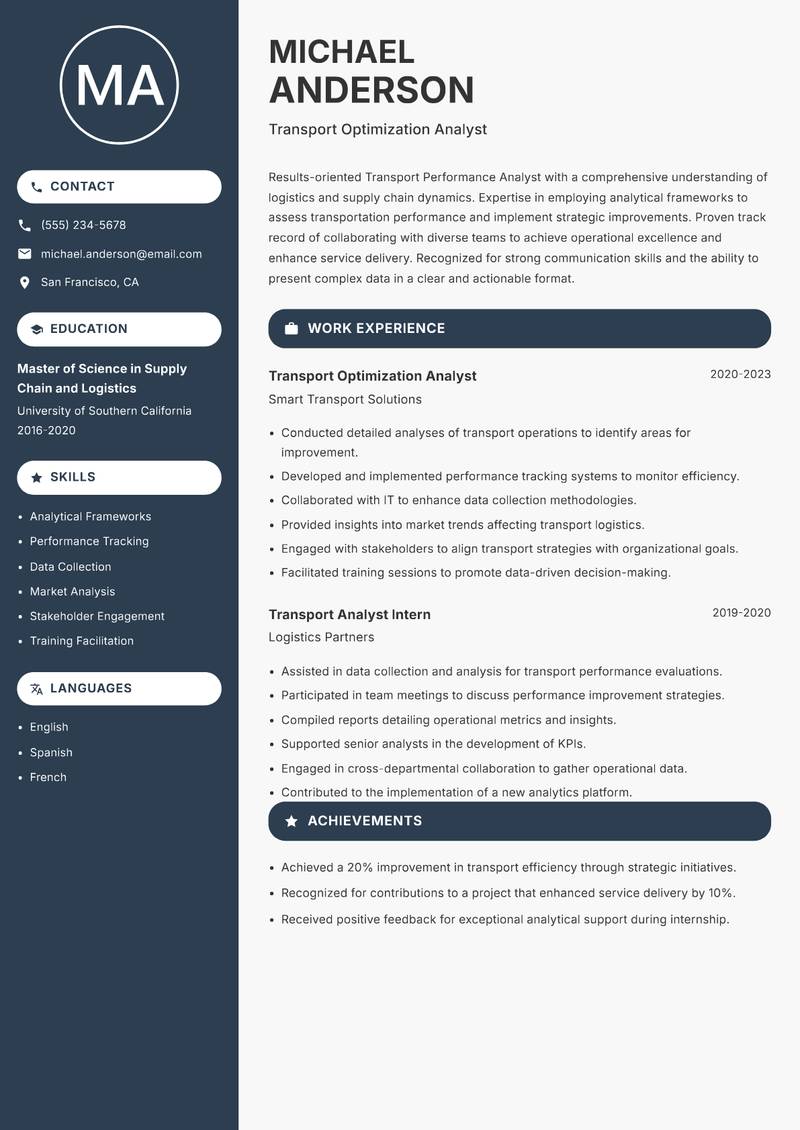Transport Performance Analyst resume template — Compact