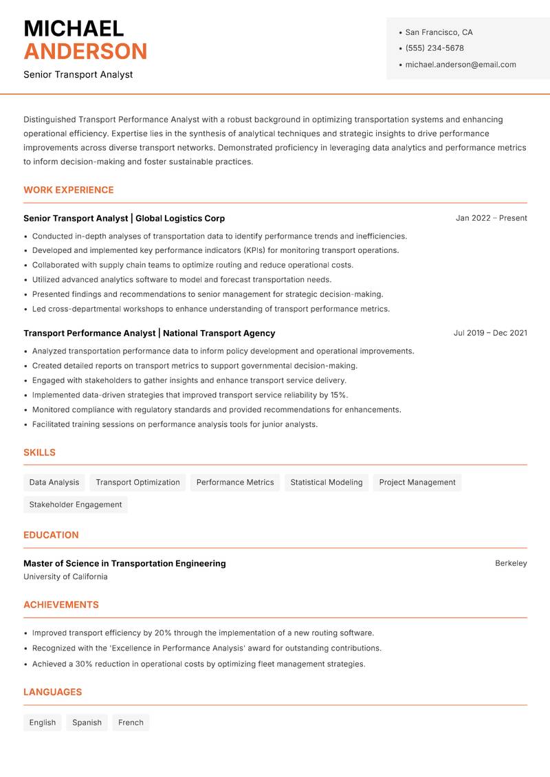 Transport Performance Analyst resume template — Modern Professional
