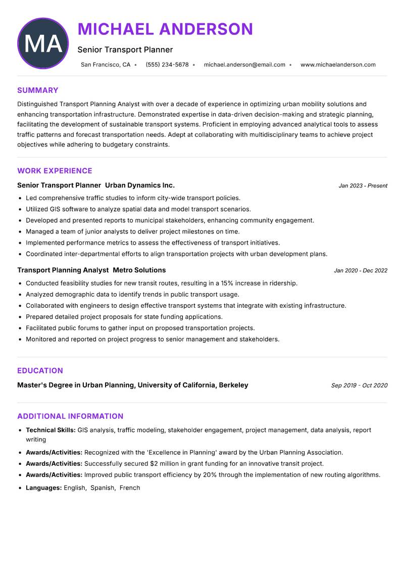 Transport Planning Analyst resume example — ATS-friendly template