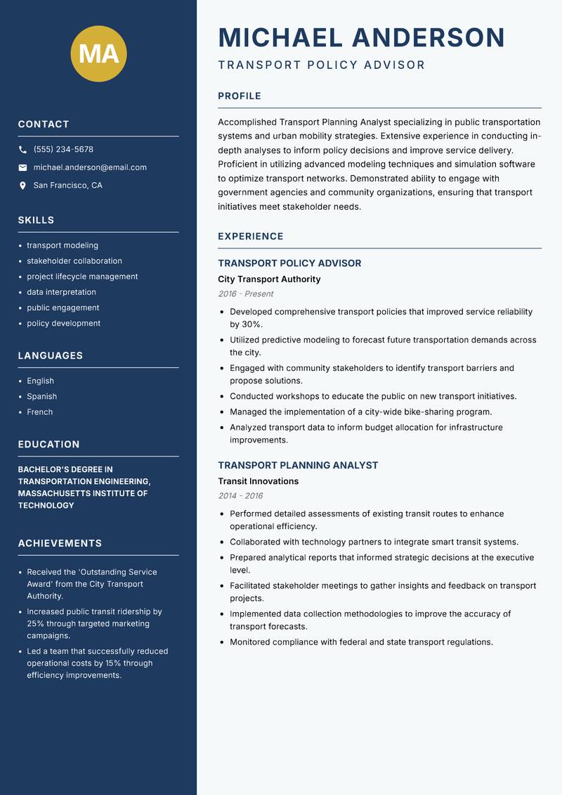 Transport Planning Analyst resume template — Classic Clean