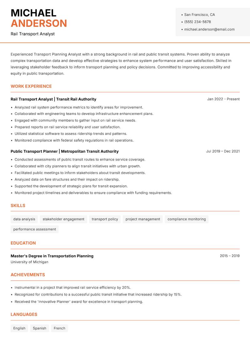 Transport Planning Analyst resume template — Modern Professional