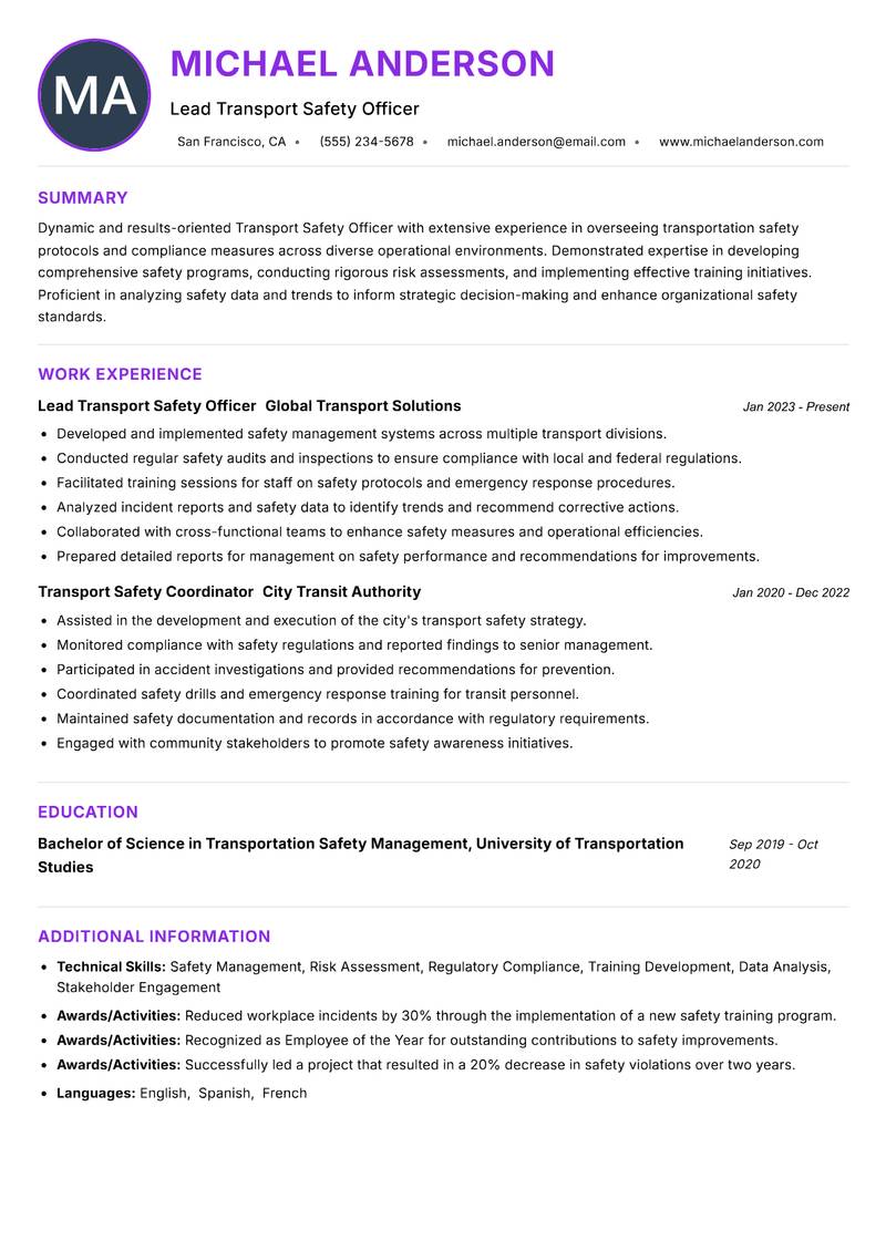 Transport Safety Officer resume example — ATS-friendly template