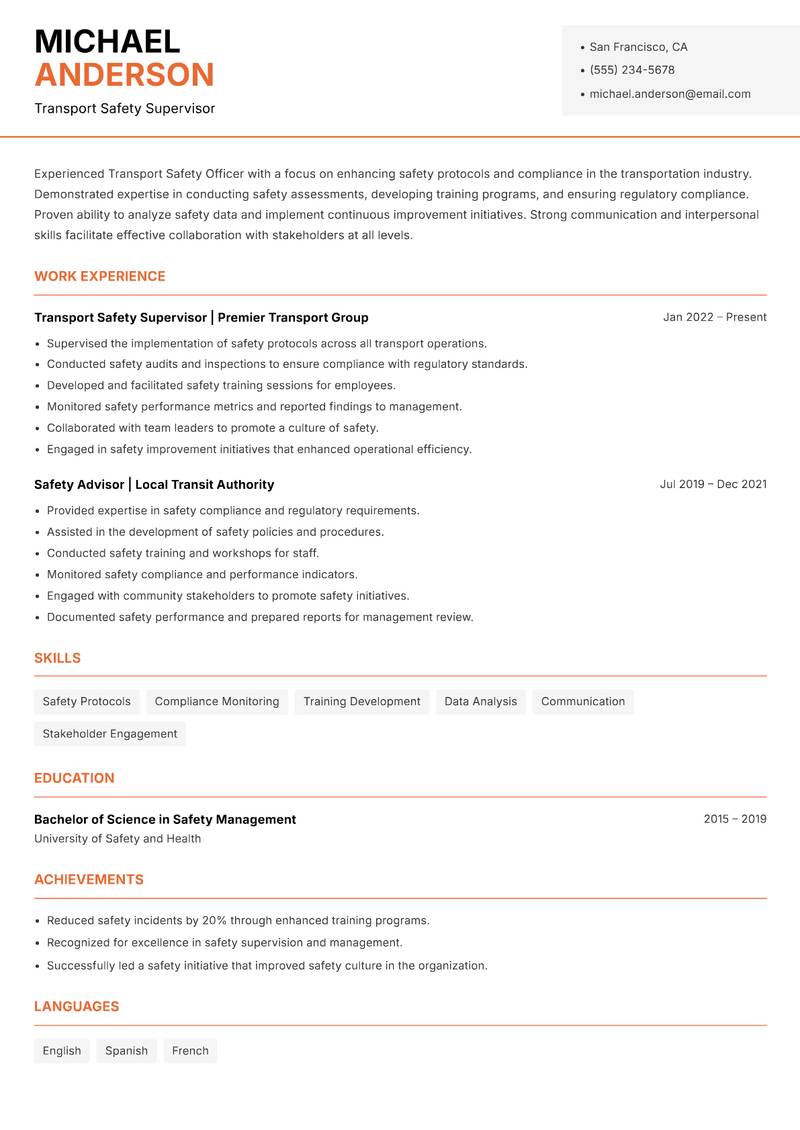 Transport Safety Officer resume template — Modern Professional