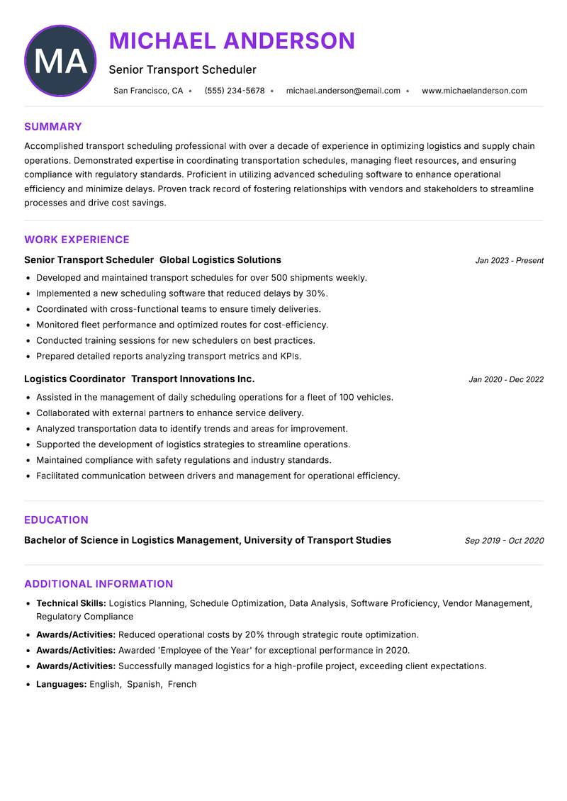 Transport Scheduler resume example — ATS-friendly template