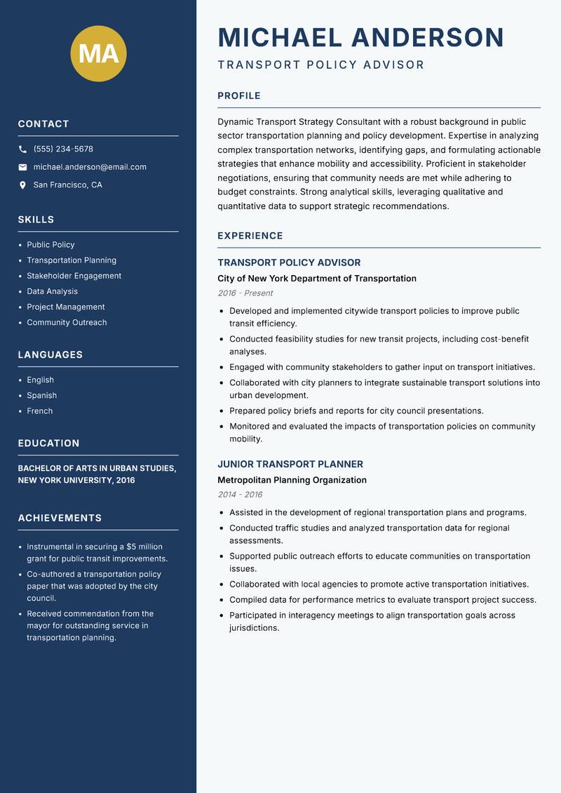 Transport Strategy Consultant resume template — Classic Clean