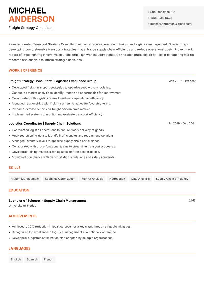 Transport Strategy Consultant resume template — Modern Professional