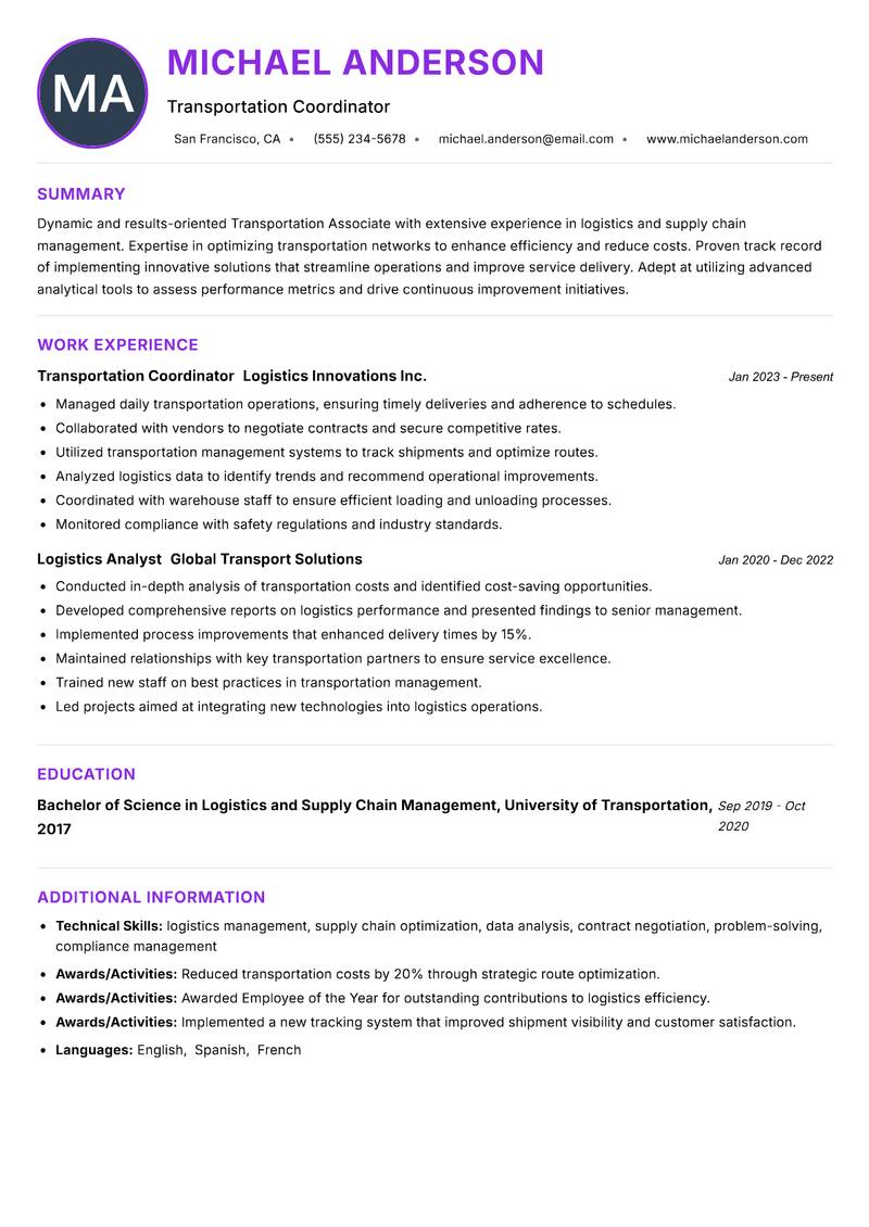 Transportation Associate resume example — ATS-friendly template