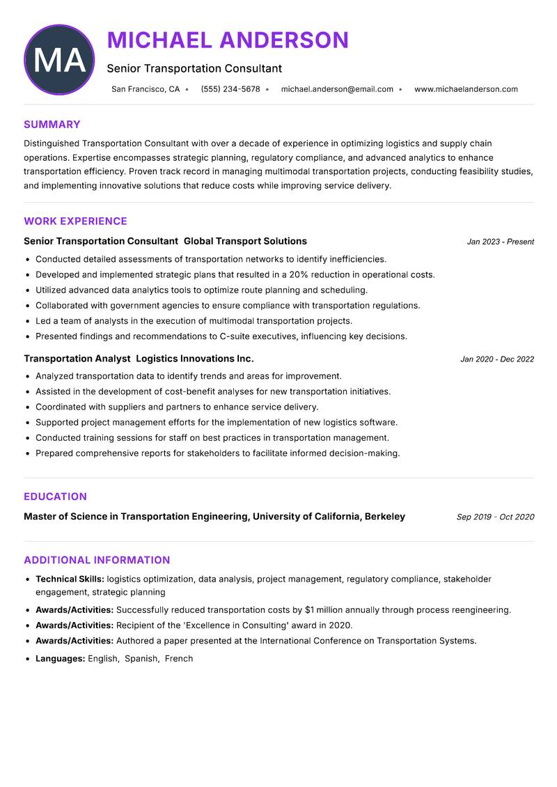 Transportation Consultant resume example — ATS-friendly template