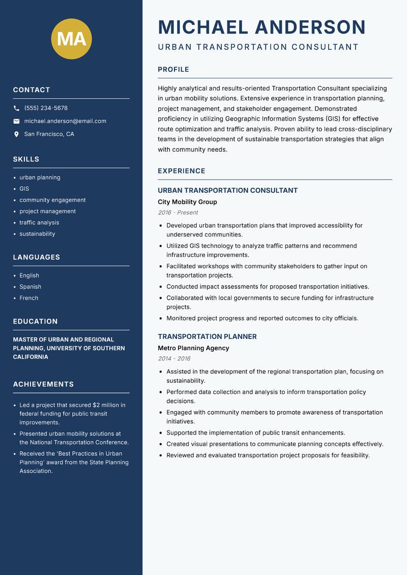 Transportation Consultant resume template — Classic Clean