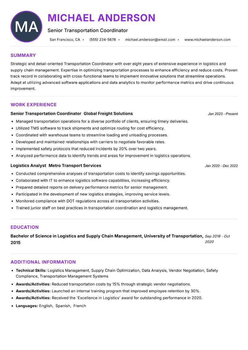 Transportation Coordinator resume example — ATS-friendly template