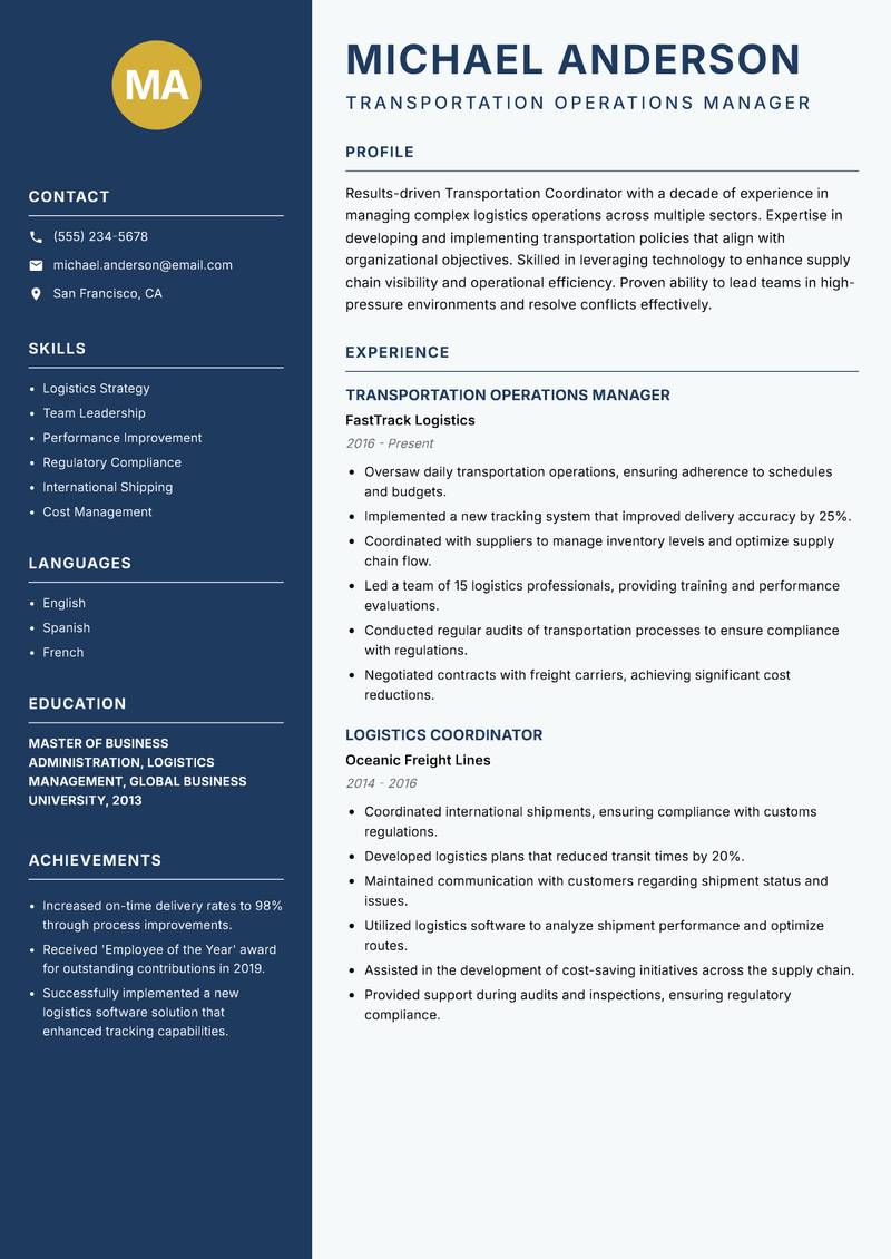 Transportation Coordinator resume template — Classic Clean
