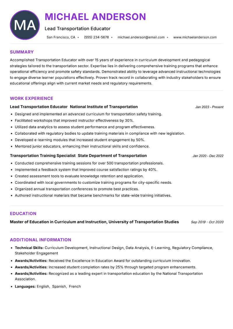 Transportation Educator resume example — ATS-friendly template