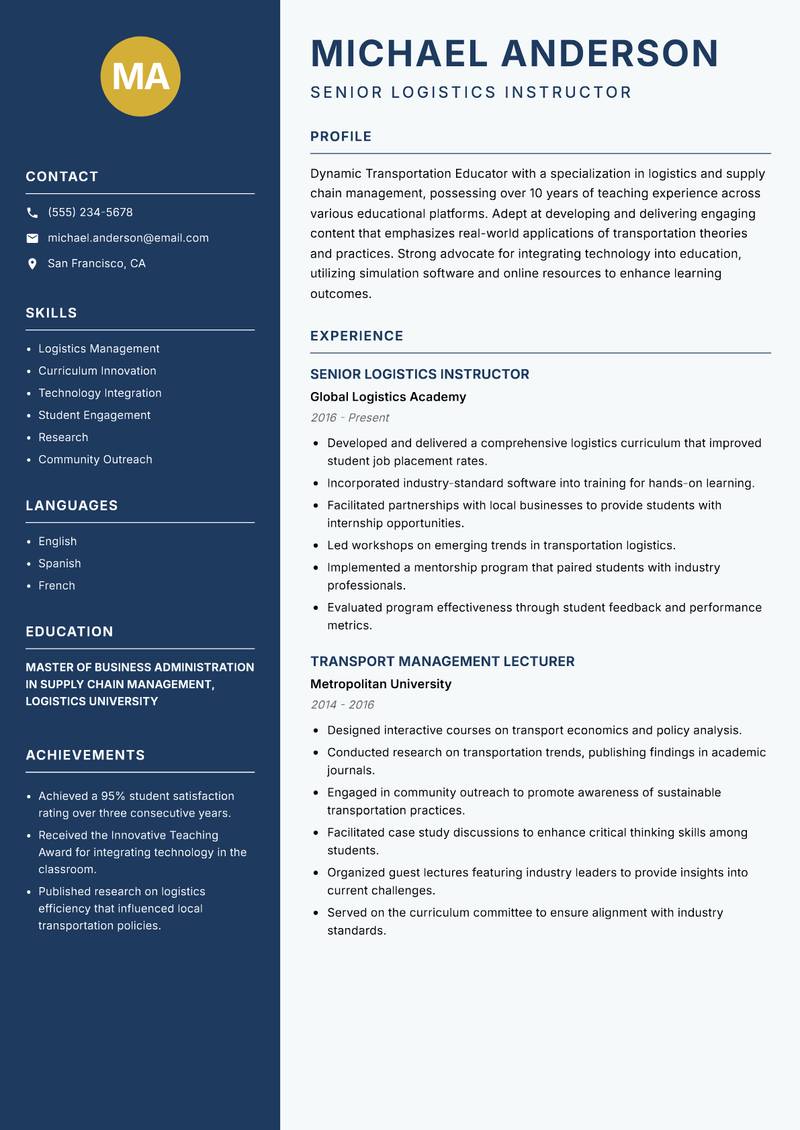 Transportation Educator resume template — Classic Clean