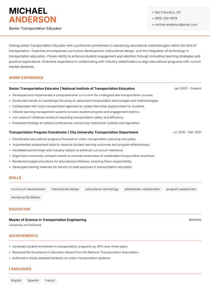 Transportation Educator resume template — Modern Professional