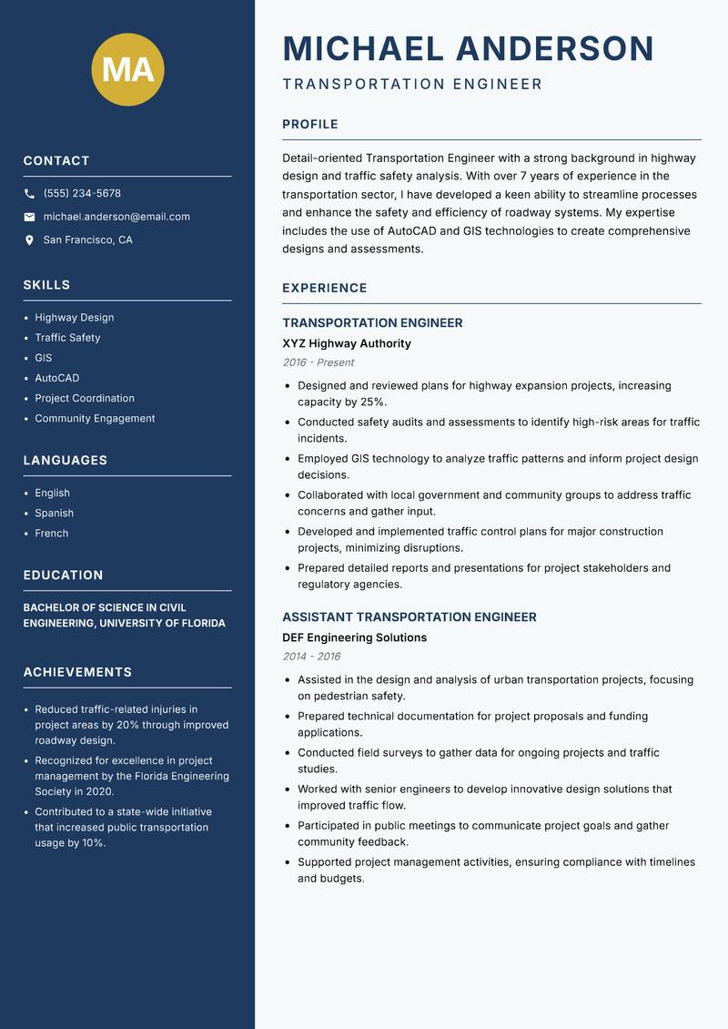 Transportation Engineer resume template — Classic Clean