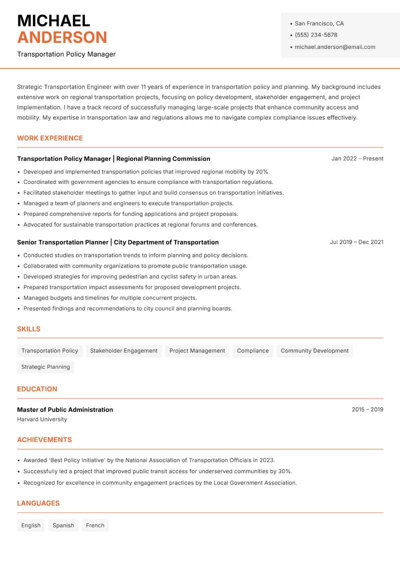 Transportation Engineer resume template — Modern Professional