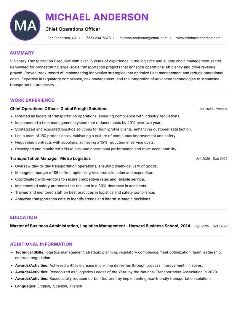 Transportation Executive resume example — ATS-friendly template