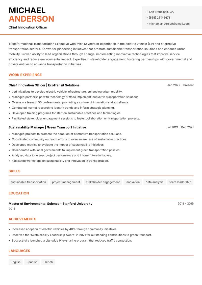 Transportation Executive resume template — Modern Professional