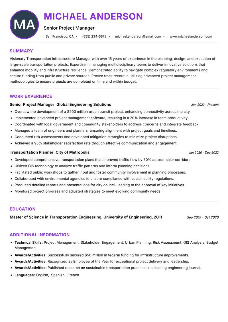 Transportation Infrastructure Manager resume example — ATS-friendly template