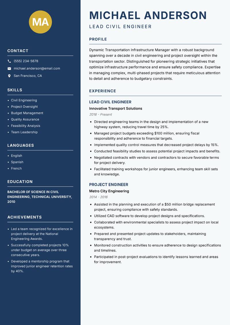 Transportation Infrastructure Manager resume template — Classic Clean