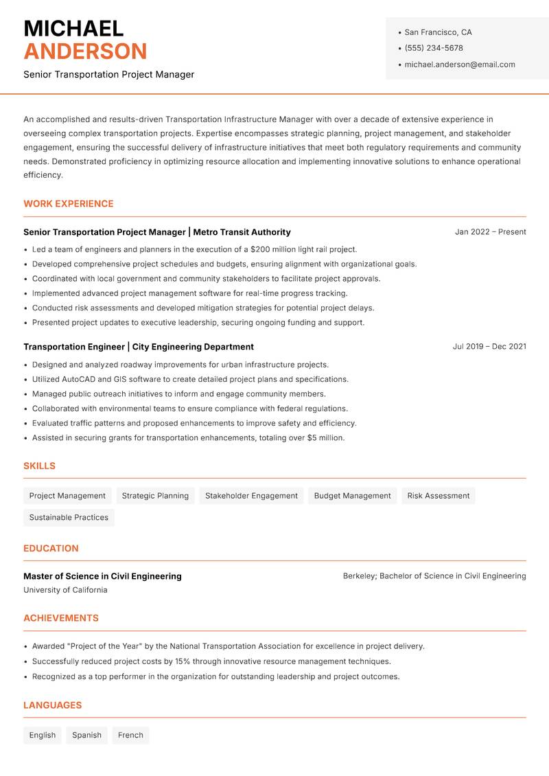 Transportation Infrastructure Manager resume template — Modern Professional