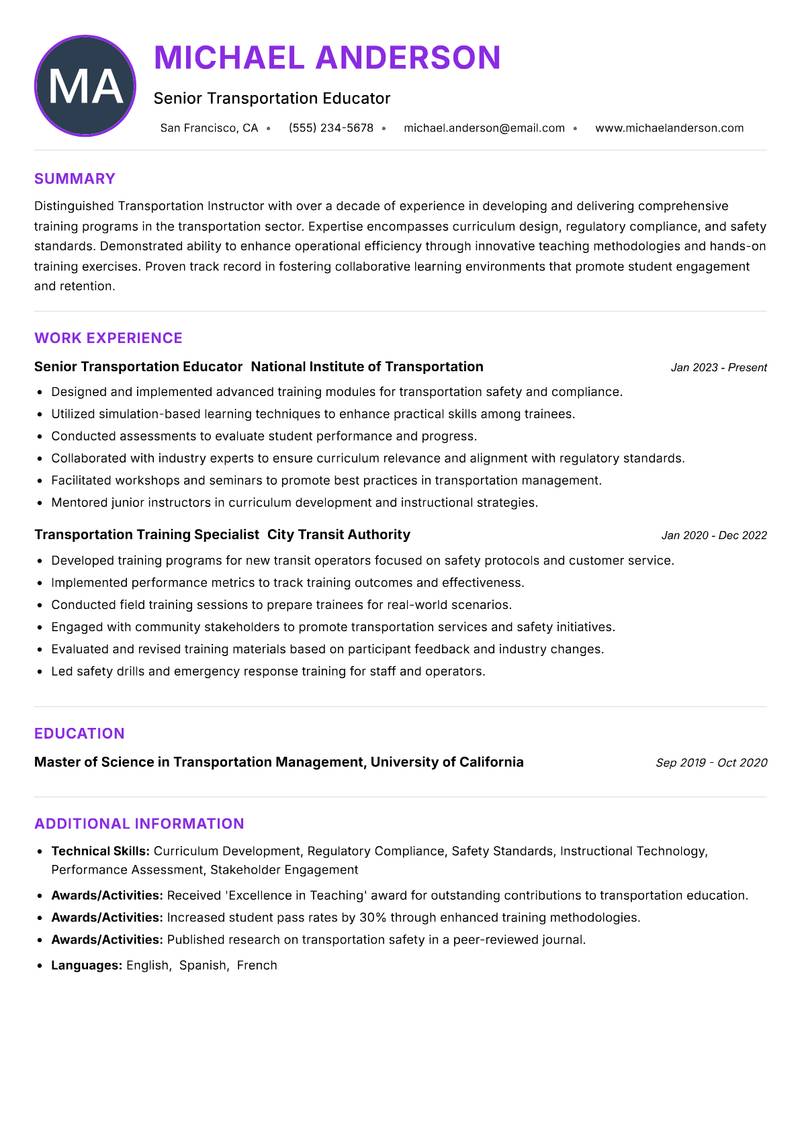 Transportation Instructor resume example — ATS-friendly template