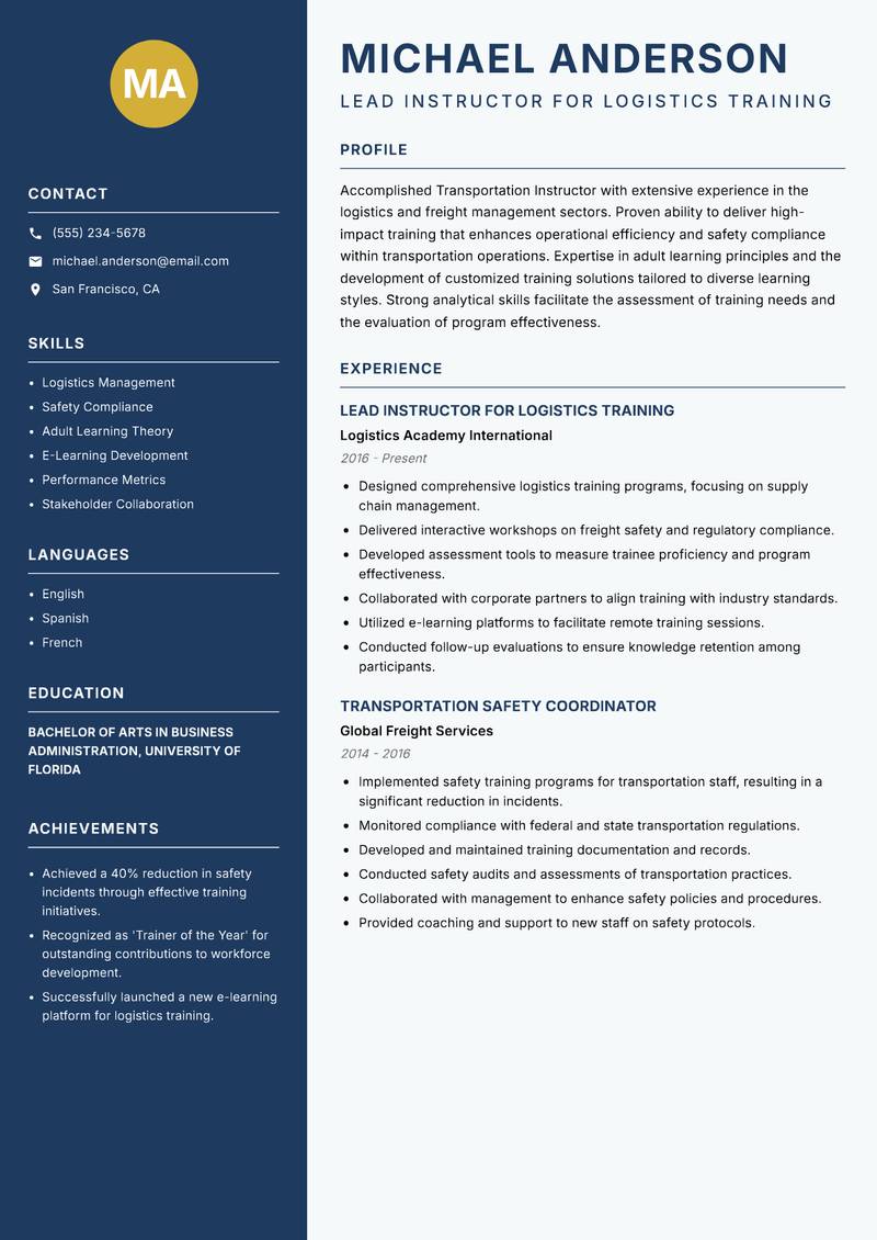 Transportation Instructor resume template — Classic Clean