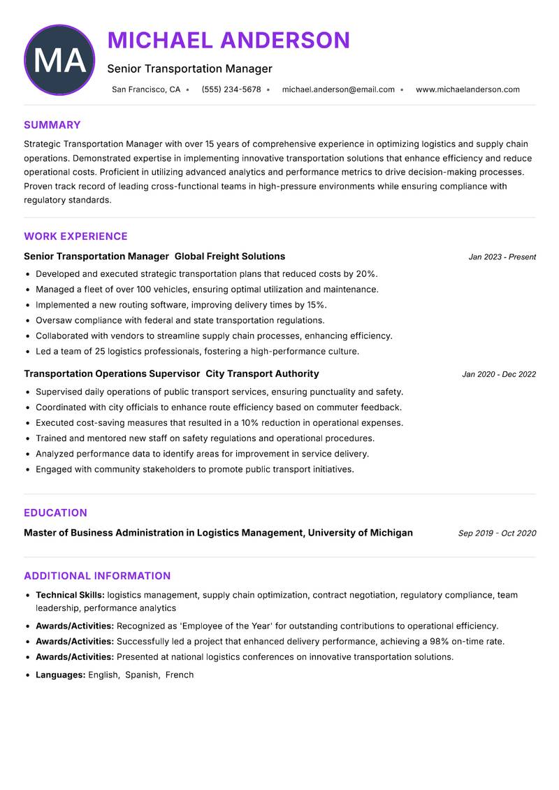 Transportation Manager resume example — ATS-friendly template