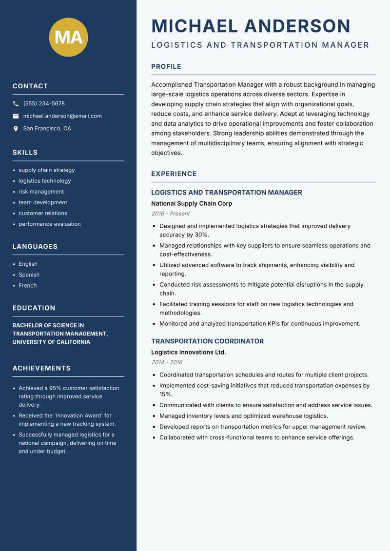 Transportation Manager resume template — Classic Clean