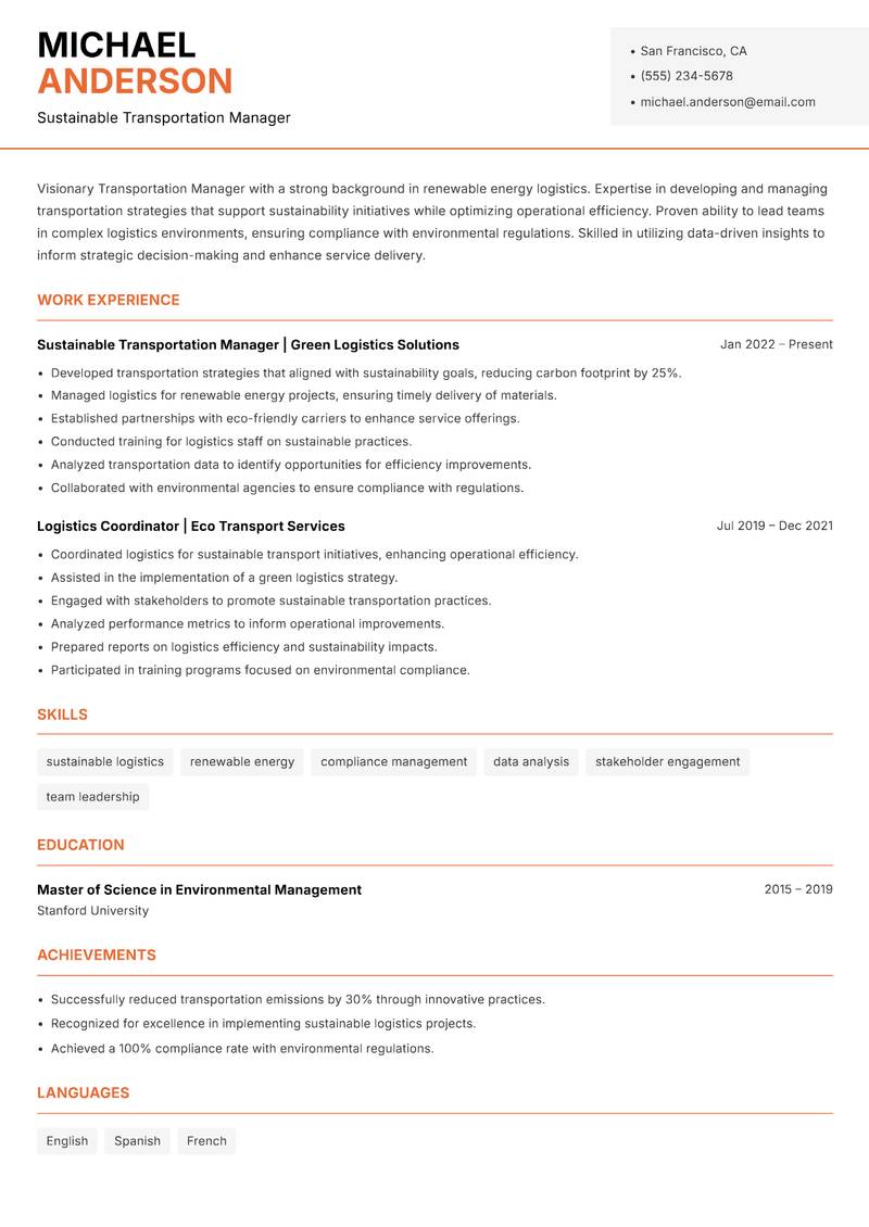 Transportation Manager resume template — Modern Professional