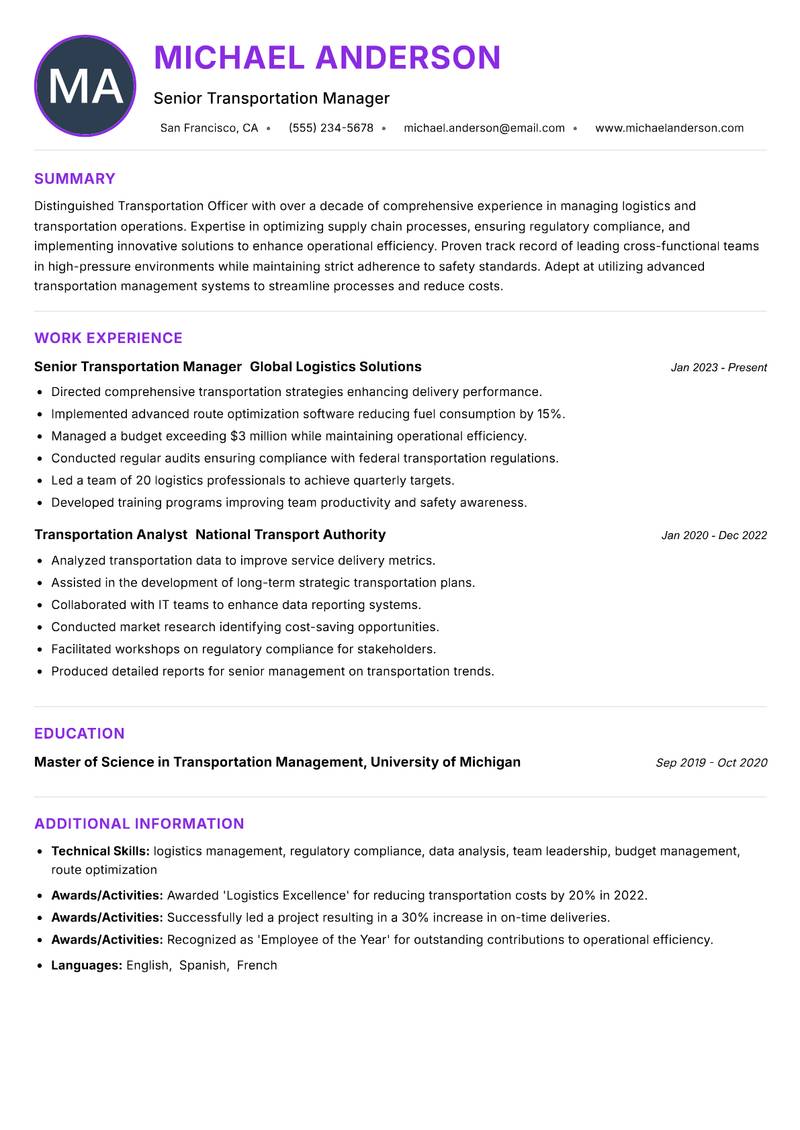 Transportation Officer resume example — ATS-friendly template