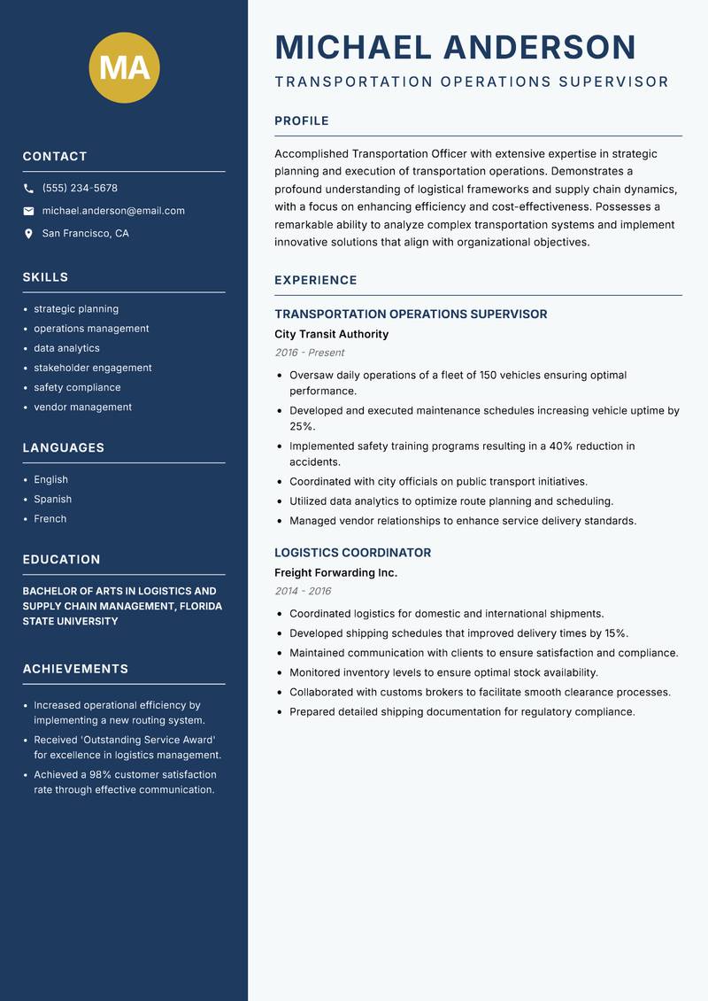 Transportation Officer resume template — Classic Clean