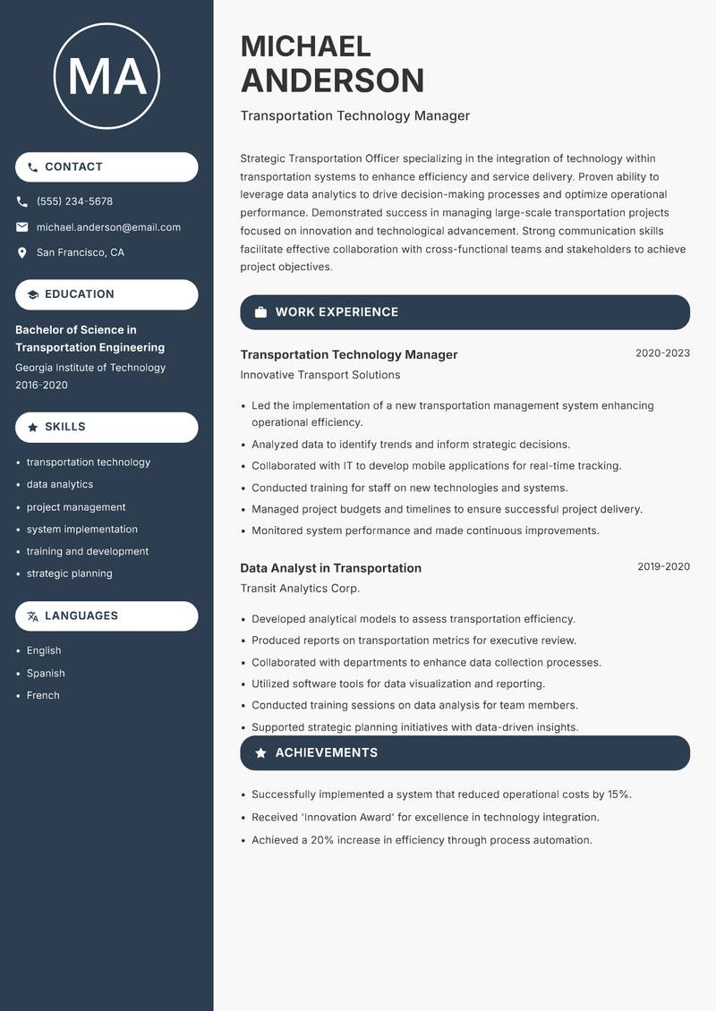 Transportation Officer resume template — Compact