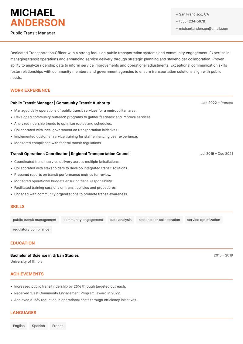 Transportation Officer resume template — Modern Professional