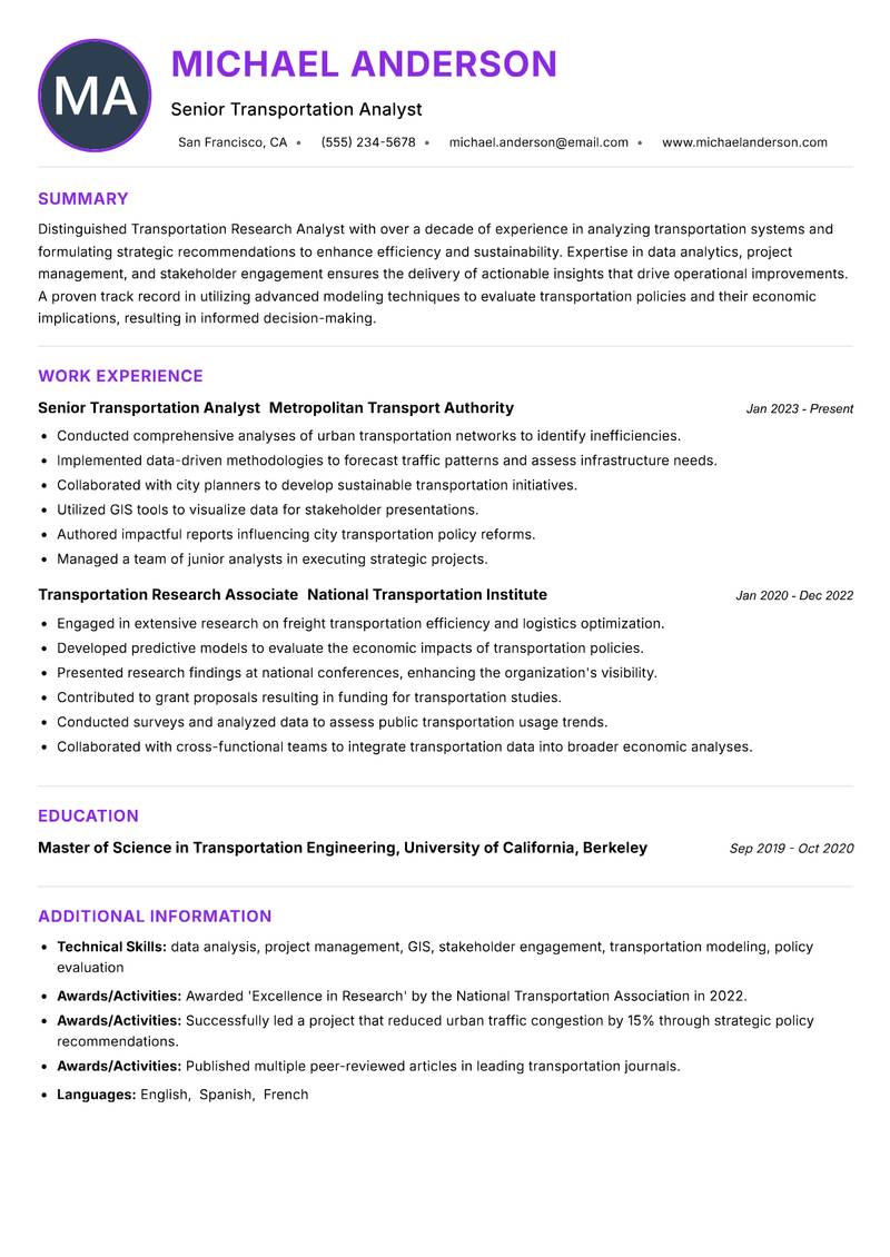 Transportation Research Analyst resume example — ATS-friendly template