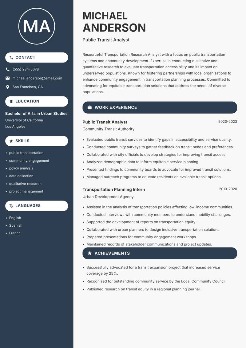 Transportation Research Analyst resume template — Compact