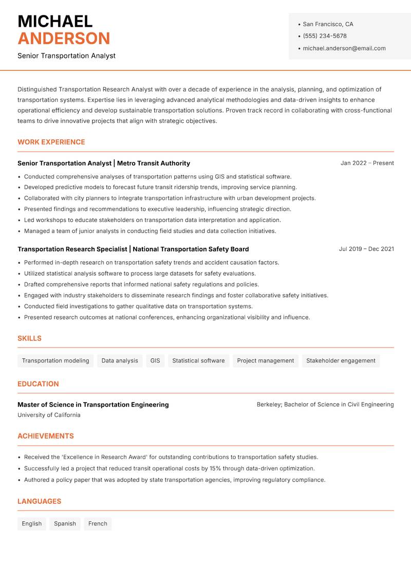 Transportation Research Analyst resume template — Modern Professional