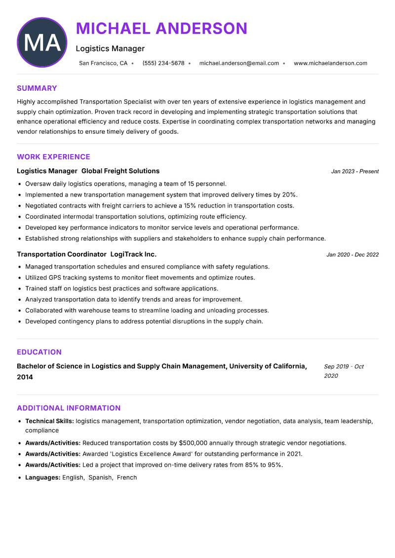 Transportation Specialist resume example — ATS-friendly template