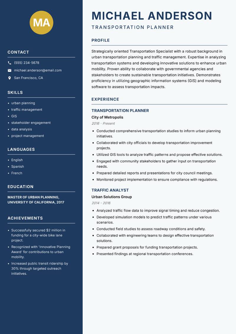 Transportation Specialist resume template — Classic Clean