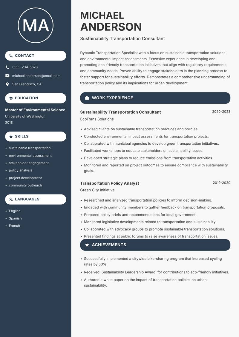 Transportation Specialist resume template — Compact