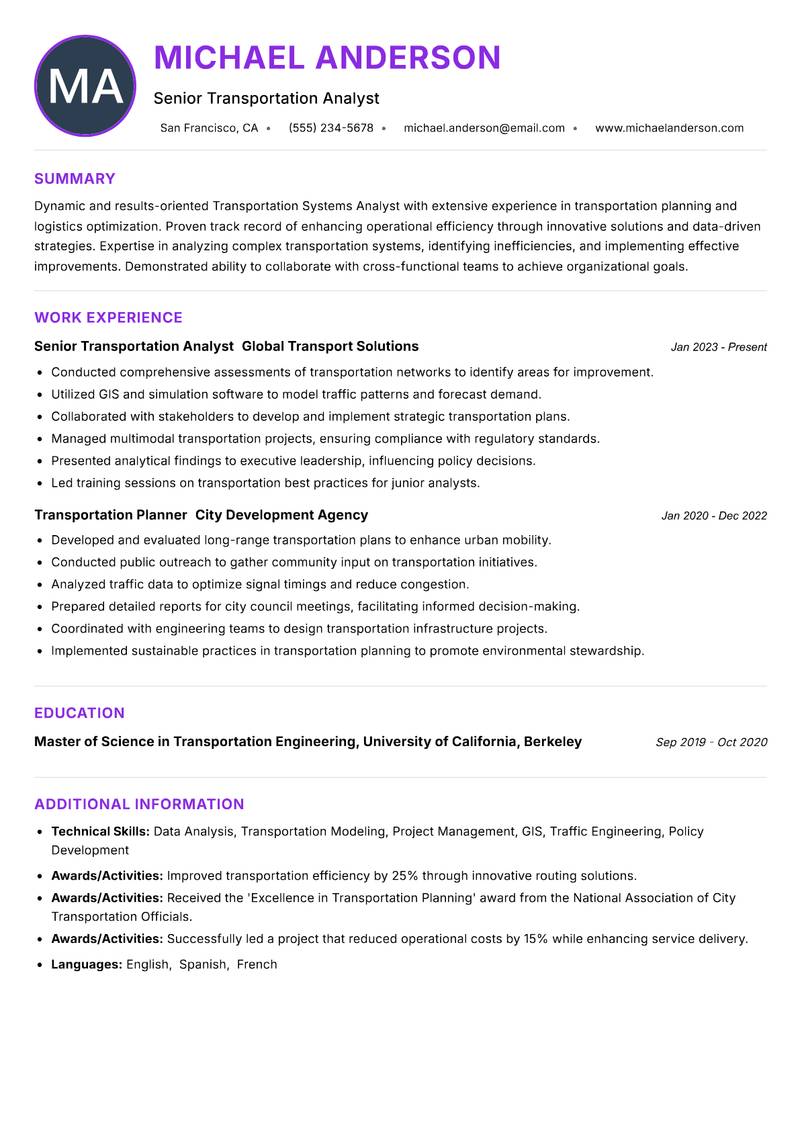 Transportation Systems Analyst resume example — ATS-friendly template