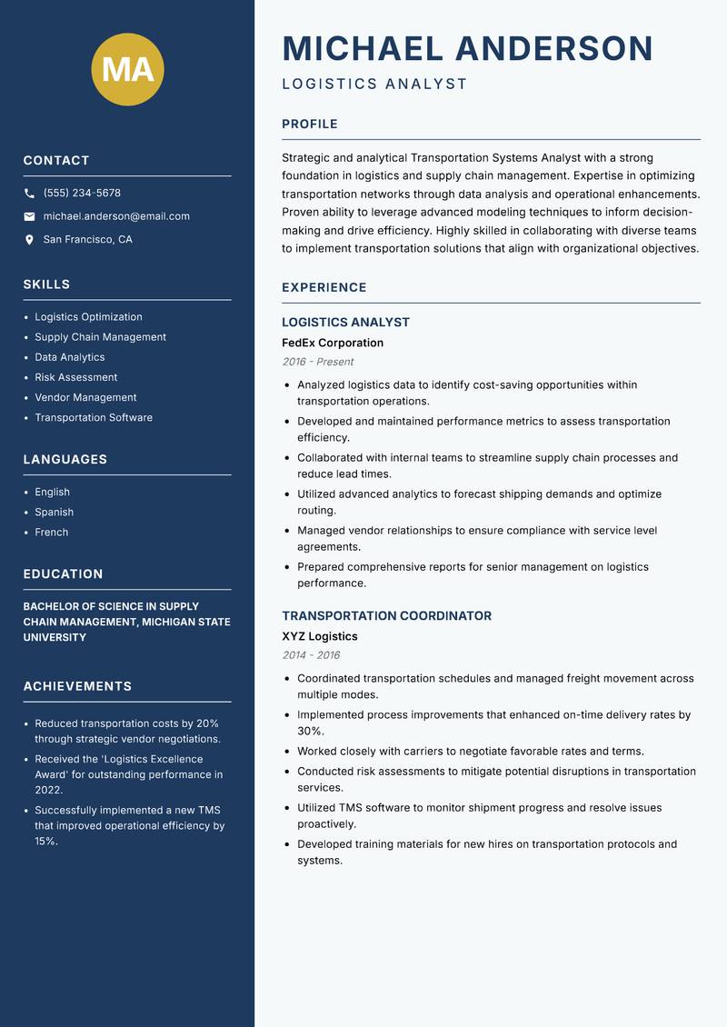 Transportation Systems Analyst resume template — Classic Clean