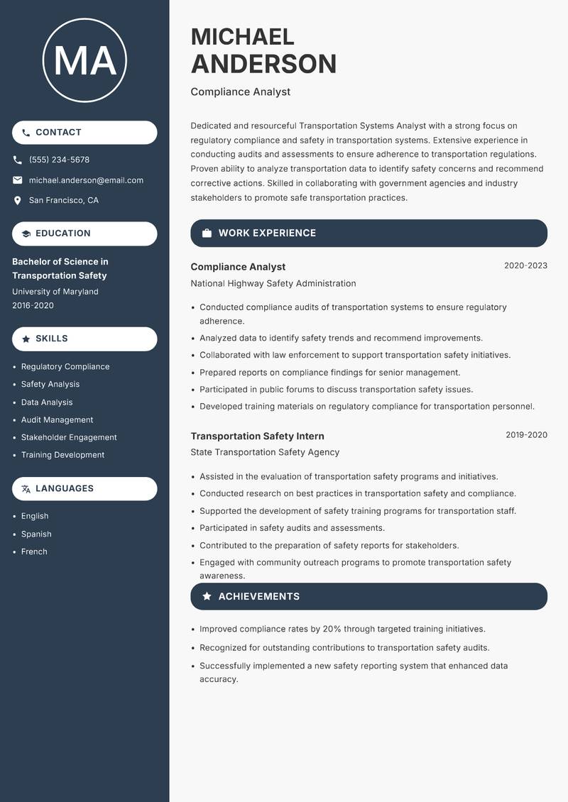 Transportation Systems Analyst resume template — Compact