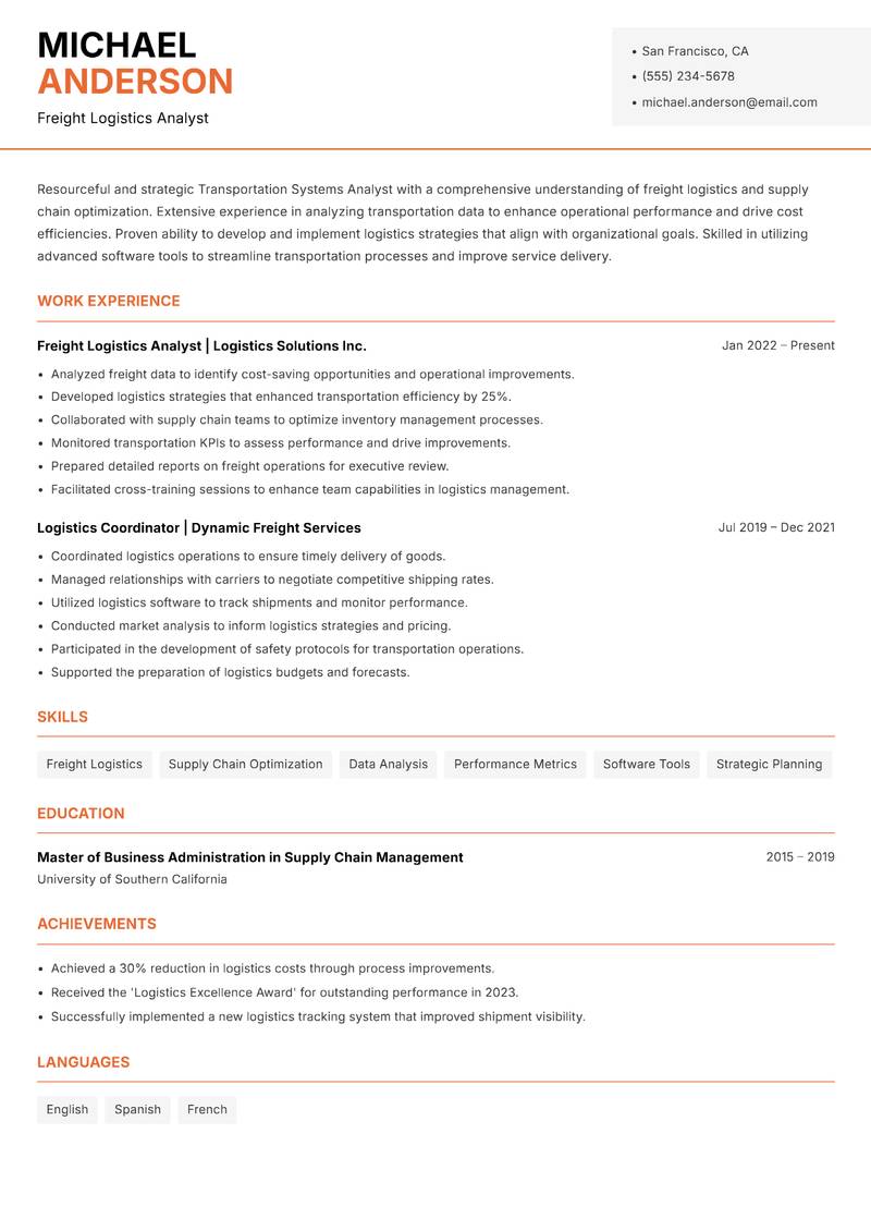 Transportation Systems Analyst resume template — Modern Professional