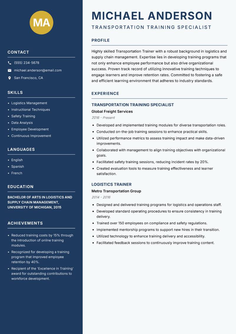 Transportation Trainer resume template — Classic Clean