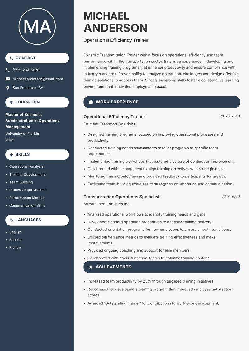 Transportation Trainer resume template — Compact