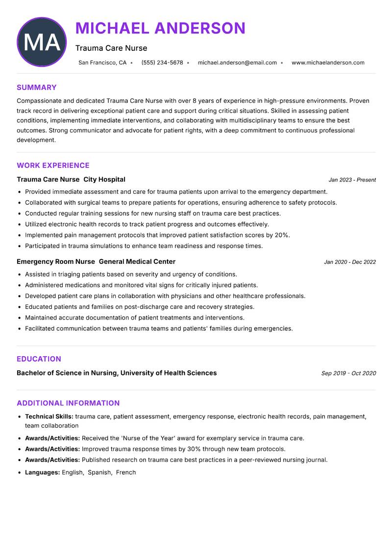 Trauma Care Nurse resume example — ATS-friendly template
