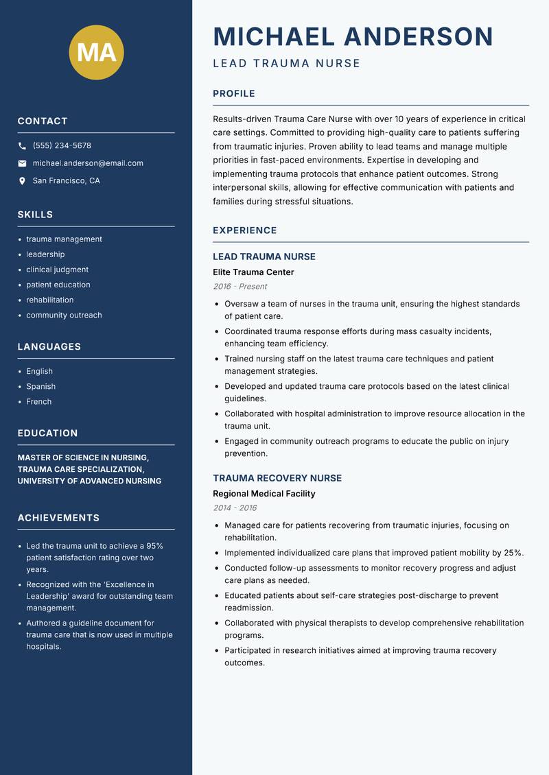 Trauma Care Nurse resume template — Classic Clean