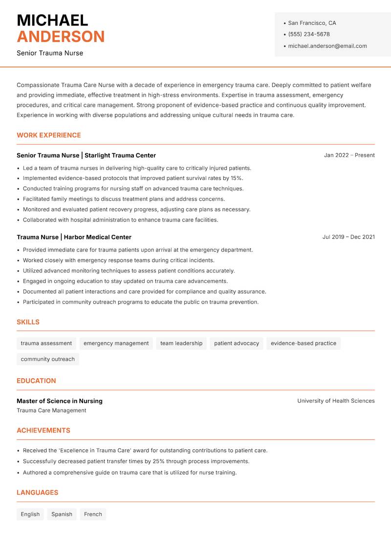 Trauma Care Nurse resume template — Modern Professional