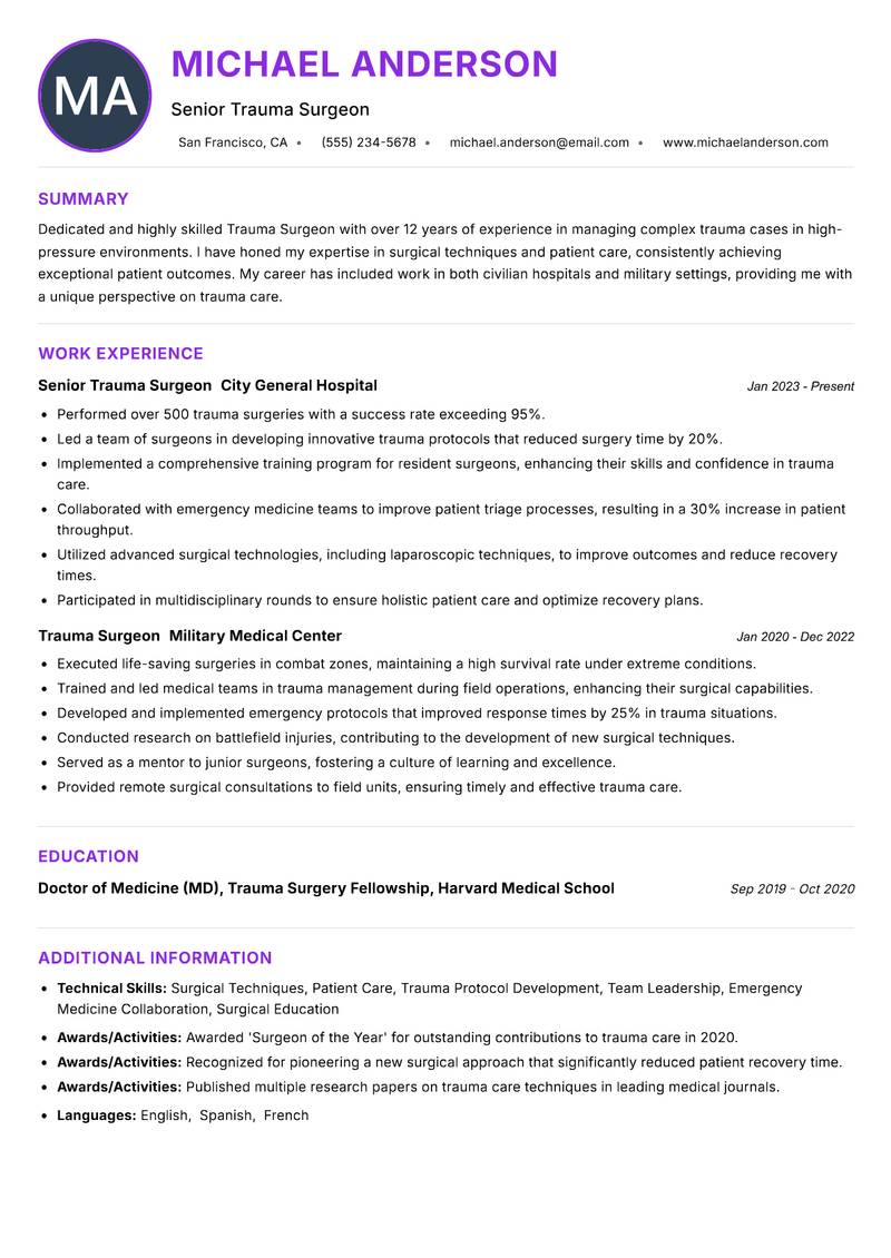 Trauma Surgeon resume example — ATS-friendly template
